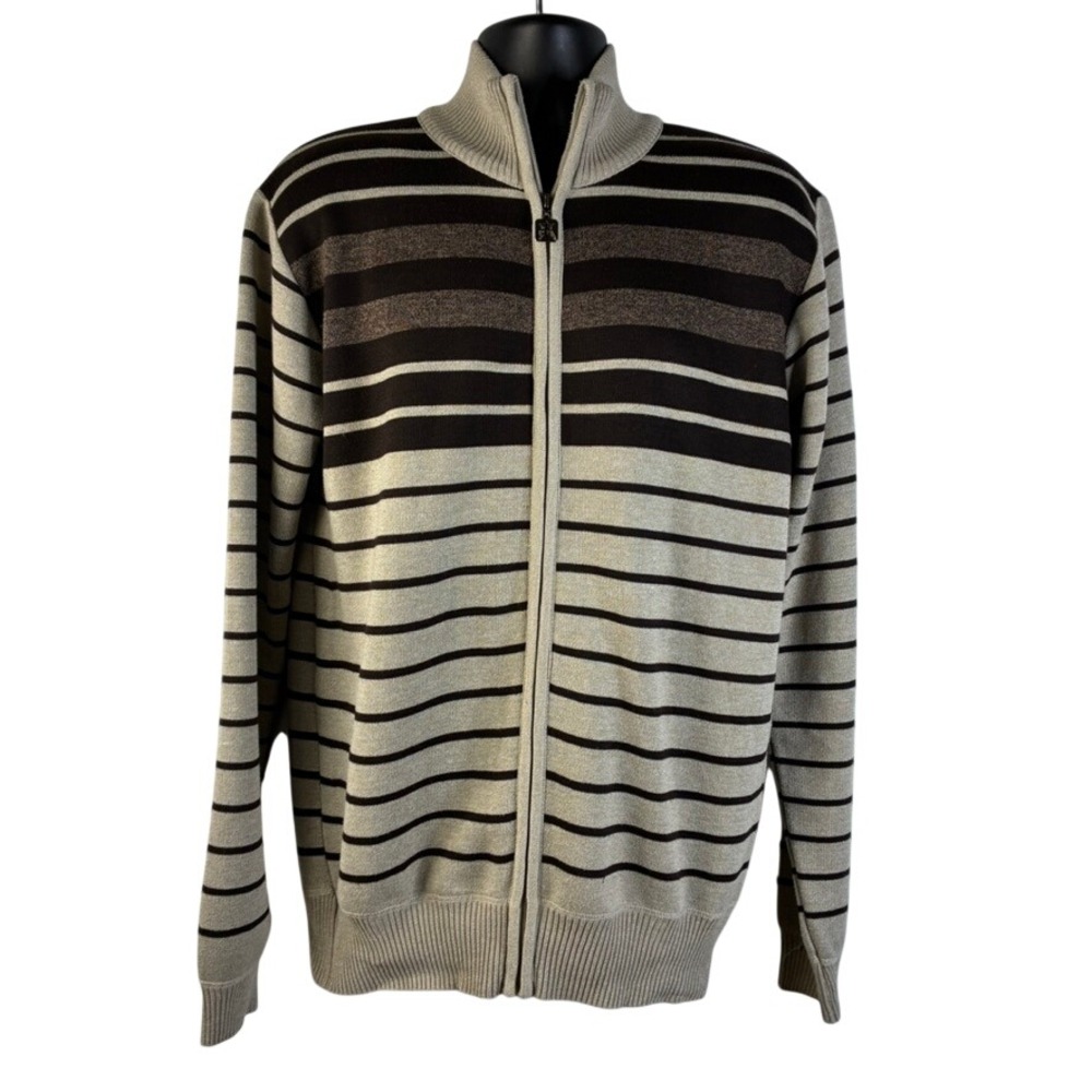 Red Ape Mens XL Full Zip Striped Mock‎ Neck Sweater Tan Brown Black Ribbed Knit